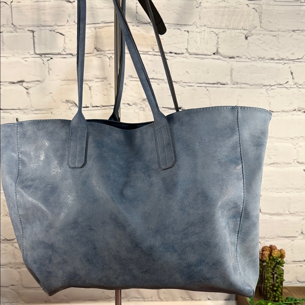 SAKS Fifth Avenue Suede Ash Blue Shoulder Tote Bag. Flawed